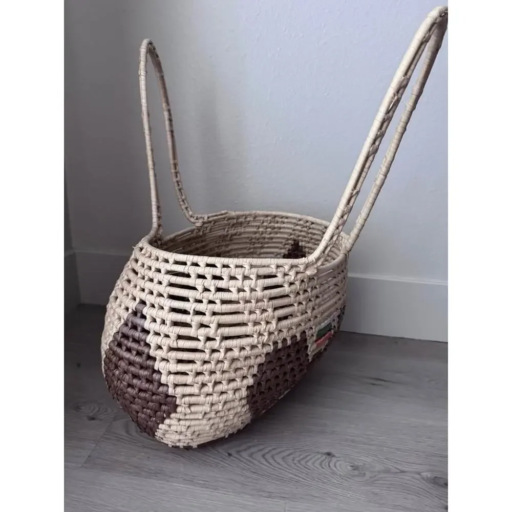 Vintage Handwoven Straw Raffia Tribal Large Basket with Handles